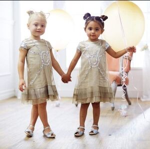 JOYFOLIE Girl's gold sequin shift pleated ruffle flutter sleeve dress gown 4 4T